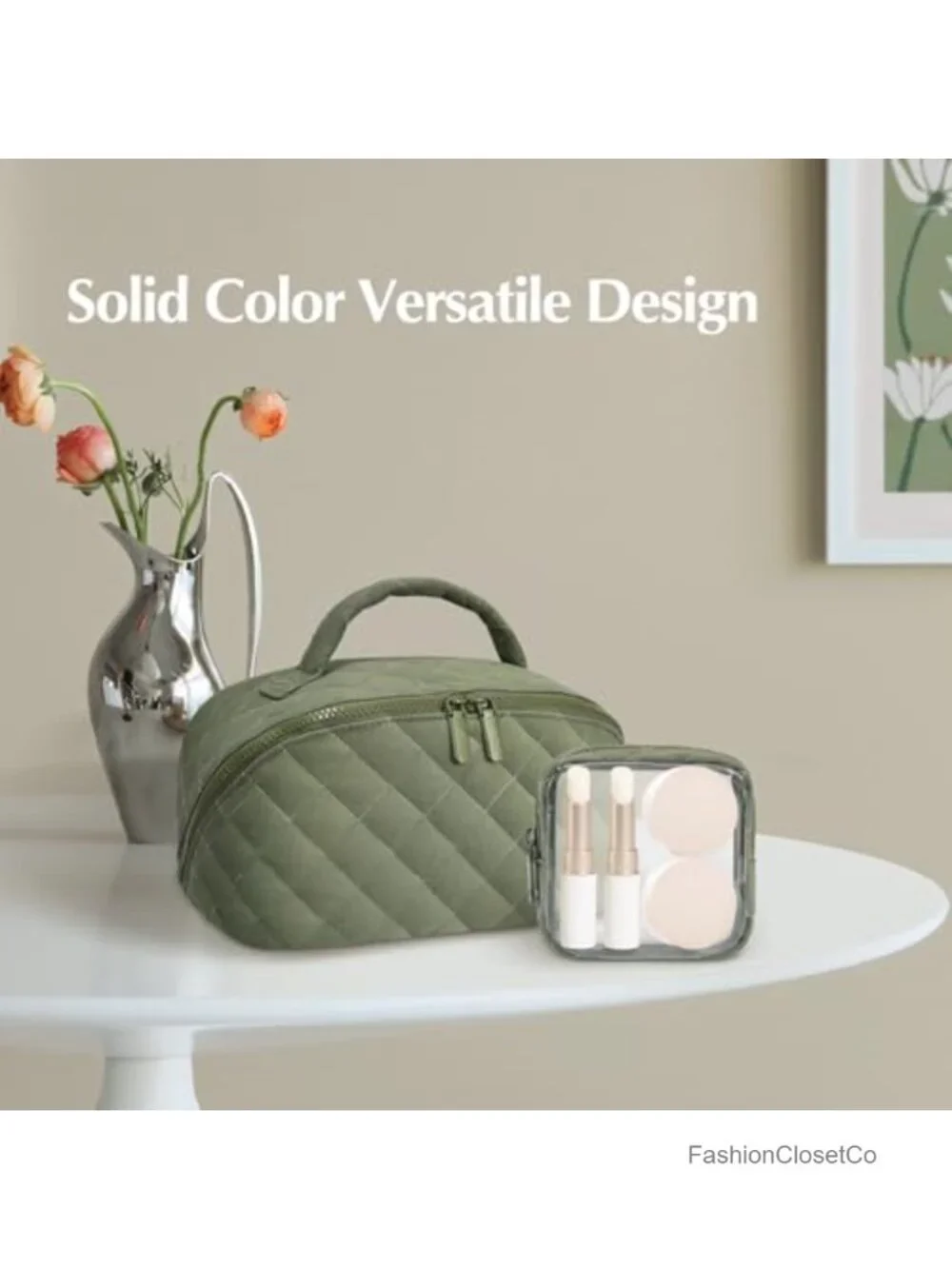 Quilted Makeup Bag Set 2 Pcs Waterproof Cosmetic Organizer Lay-Flat Travel